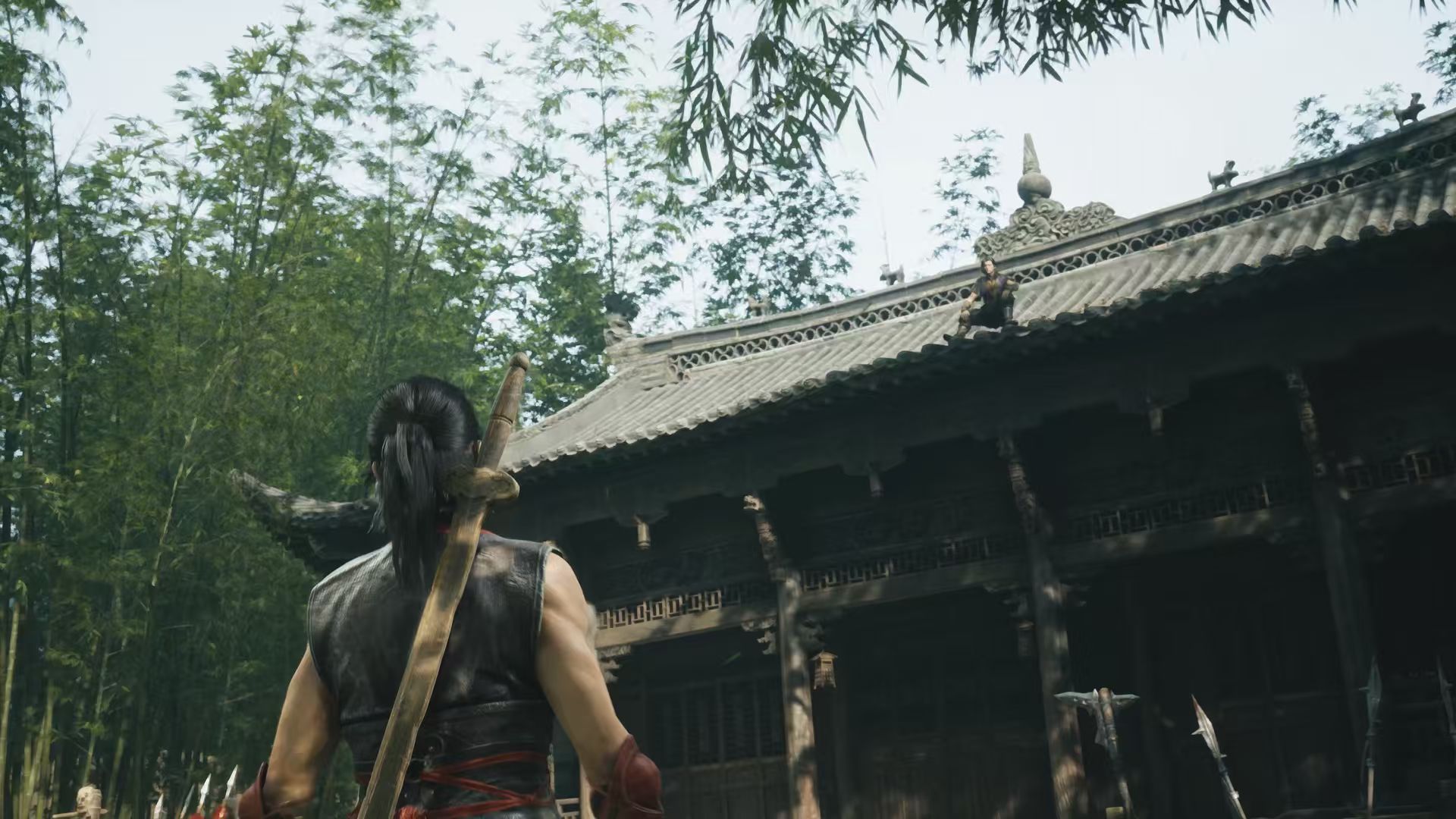 Soul explores a bamboo-lined Wulin courtyard while enemies watch from the rooftops in Phantom Blade Zero.