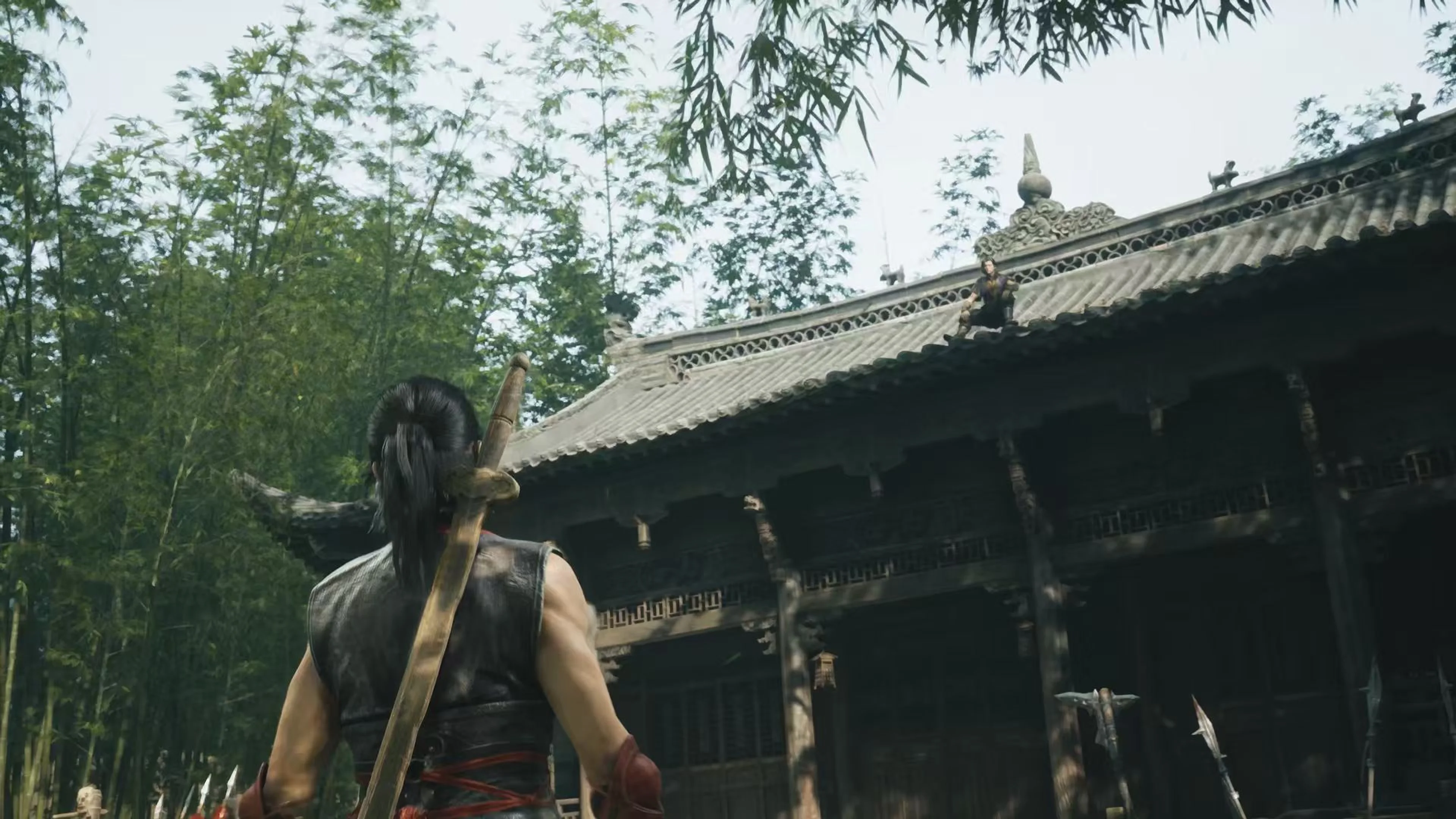 Soul looks up at a traditional building during an official Phantom Blade Zero gameplay sequence.