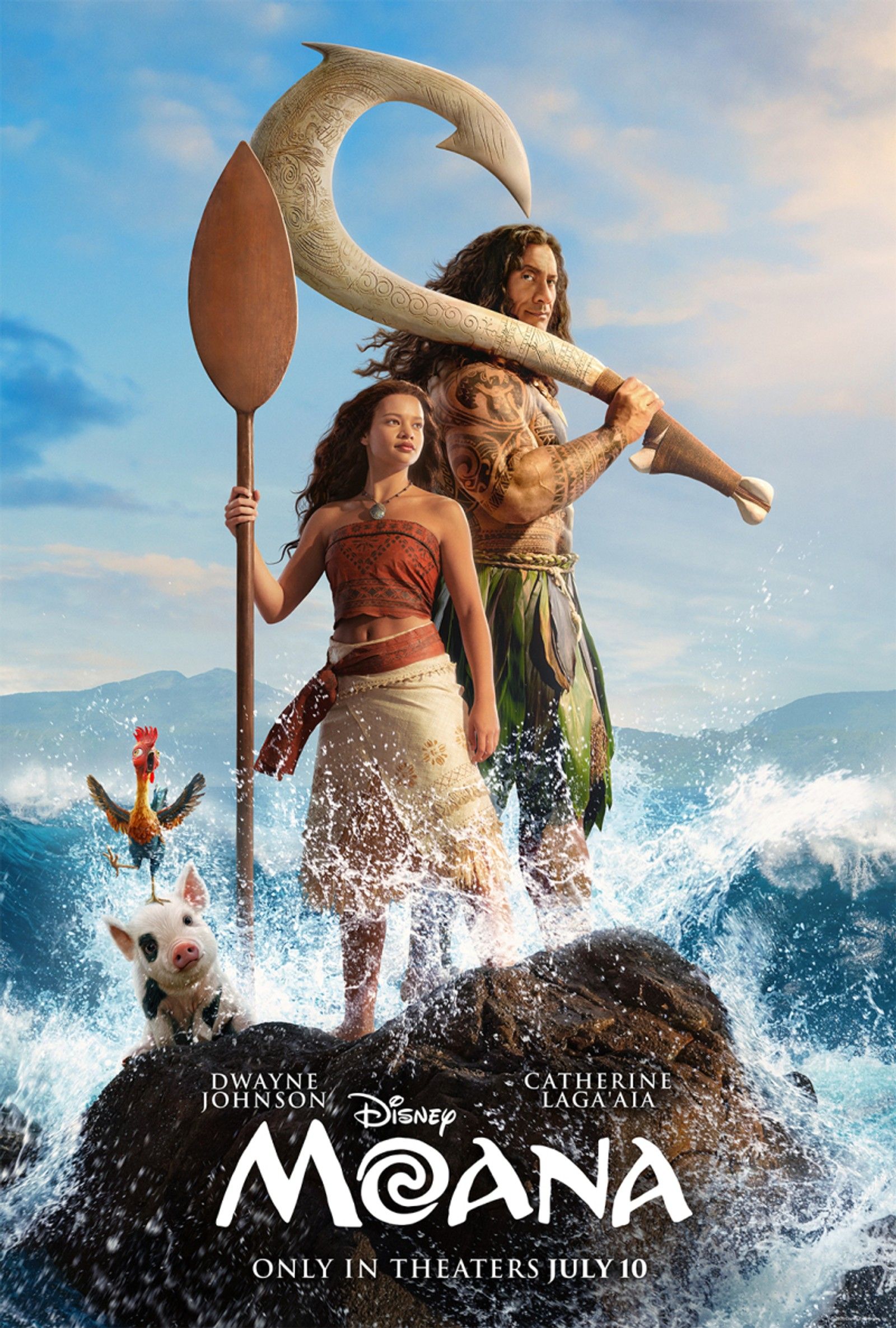 Official Moana (2026) theatrical poster with Moana, Maui, Pua and Heihei.
