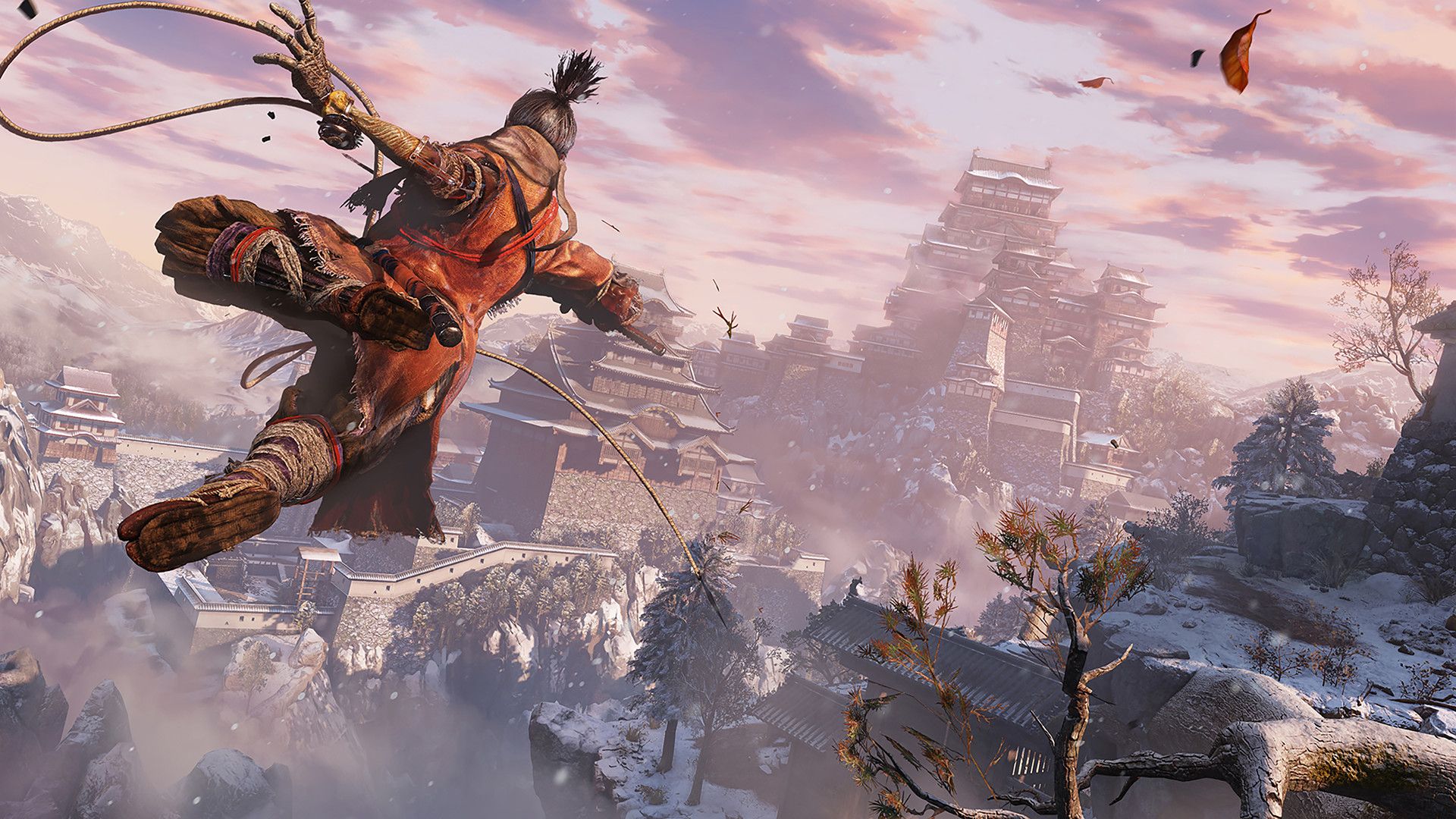 Wolf leaps above rooftops with a Japanese castle in the distance.